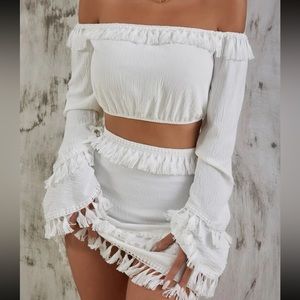 Off Shoulder Tassel Trim Flounce Sleeve Top & Skirt Set